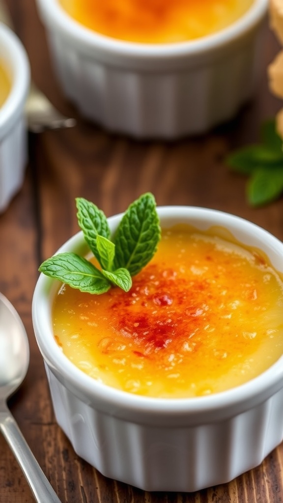 Steakhouse Style Corn Crème Brûlée Recipe Corn crème brûlée with a caramelized sugar top in a ramekin, garnished with mint on a rustic table.